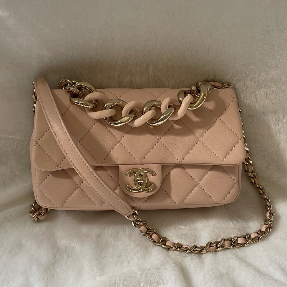 Lambkin Quilted Resin Bi-Color Chain Flap Bag Light Beige